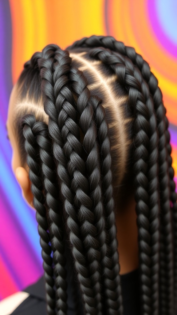 Close-up of two corn row braids with a weave, showcasing intricate styling and shine.